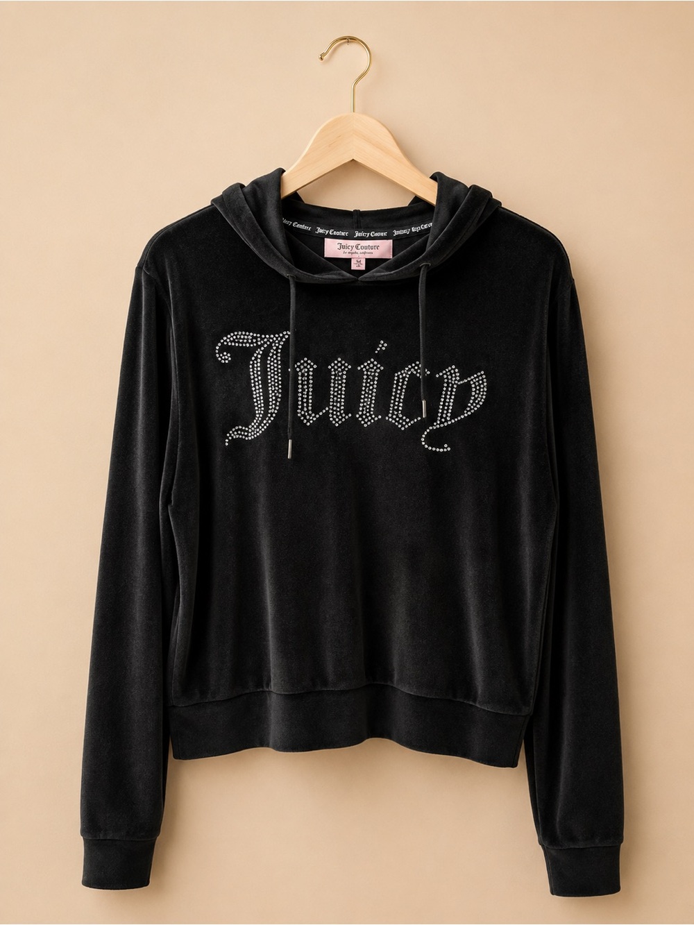 Juicy Couture Black Velour Rhinestone women Hoodie- Brand new! Fits L-XL - Picture 2 of 4
